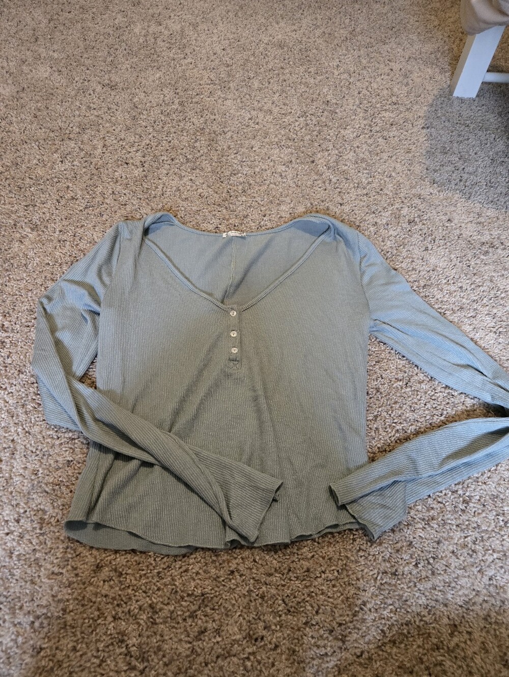 Free People Light Sage Ribbed Henley Long-Sleeve Top